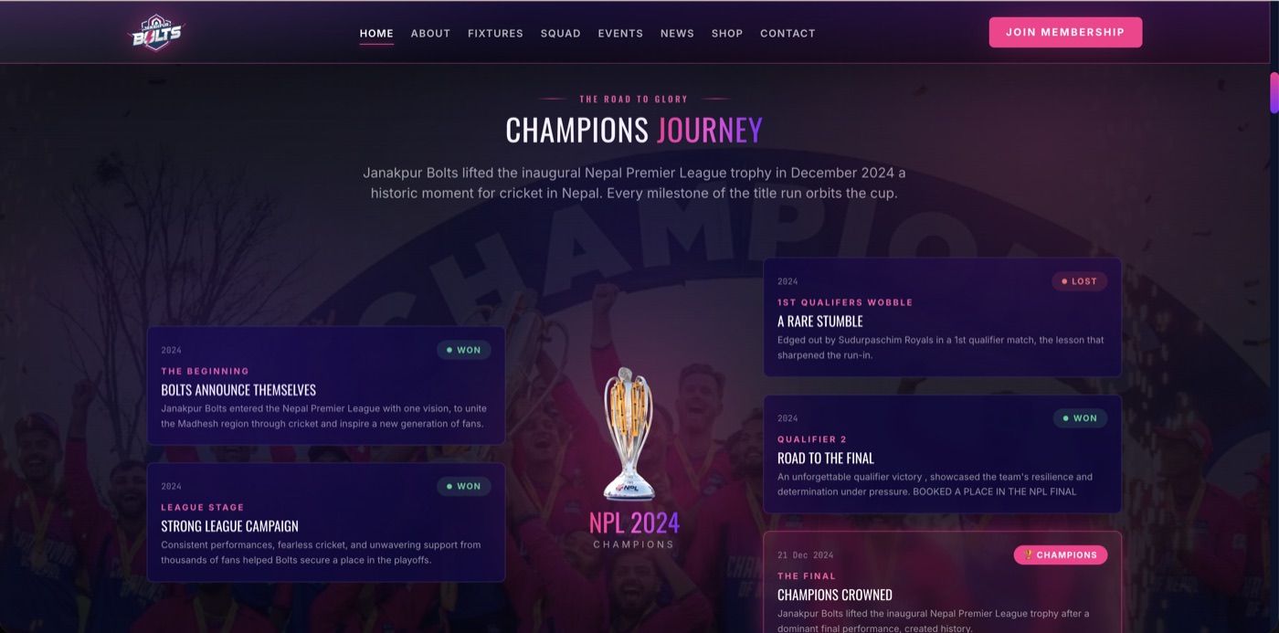 Janakpur Bolts website — Champions Journey timeline tracing the club's inaugural Nepal Premier League title run.