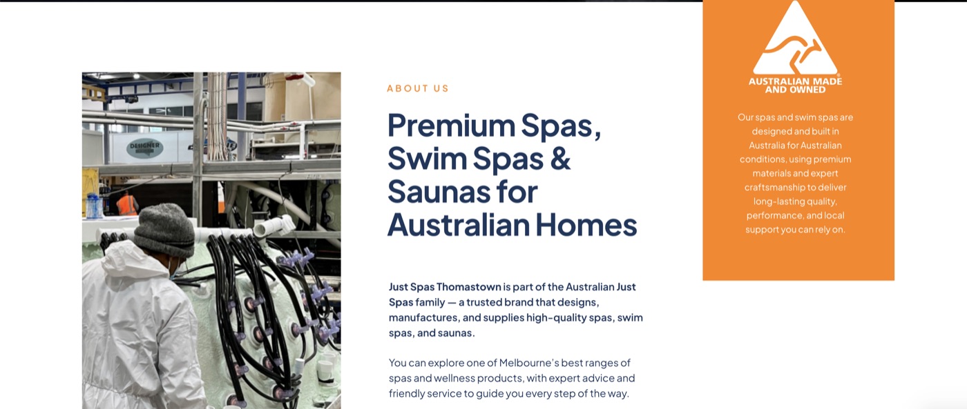 Just Spas Thomastown website — About Us section introducing premium spas, swim spas and saunas for Australian homes.